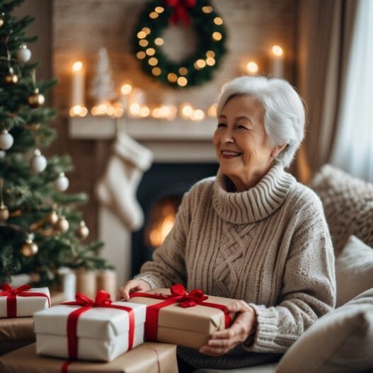 Elegant julegave til farmor præsenteret i smukt indpakket gaveæske med julemotiver.